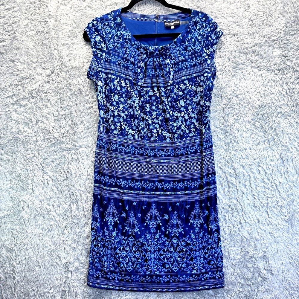 Karl Lagerfeld Blue Floral BOHO Print Jersey Knit Shift Dress Bow Neckline 6